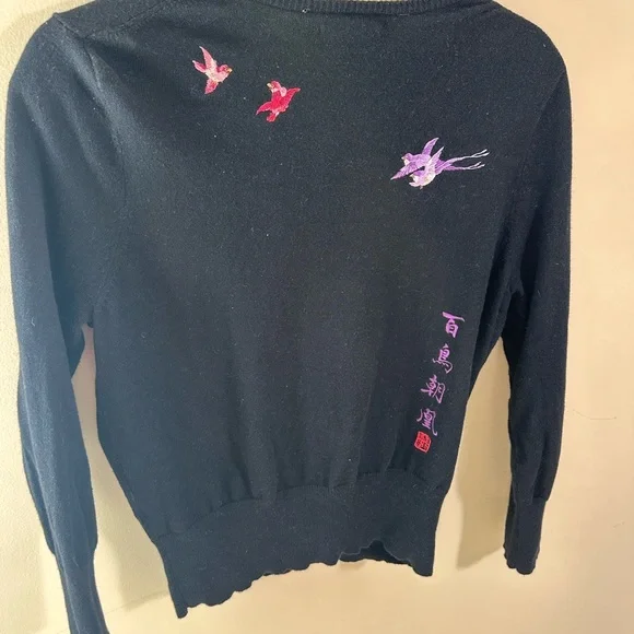 Vintage Y2K Lucky Brand Embroidered Sweater Cardigan Japanese characters bird - Picture 8 of 9